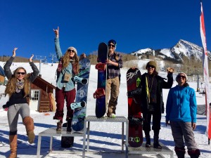 Mary Boddington on top of the Women's Snowboarding podium with Erika Vikander in 2nd, Randa Shahin in 3rd, Lynn Neil 4th, and Robyn Borneman 5th.
